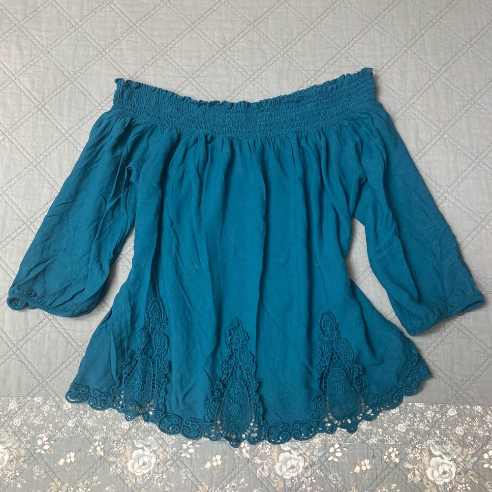 Turquoise Off The Shoulder Half-Sleeve Top